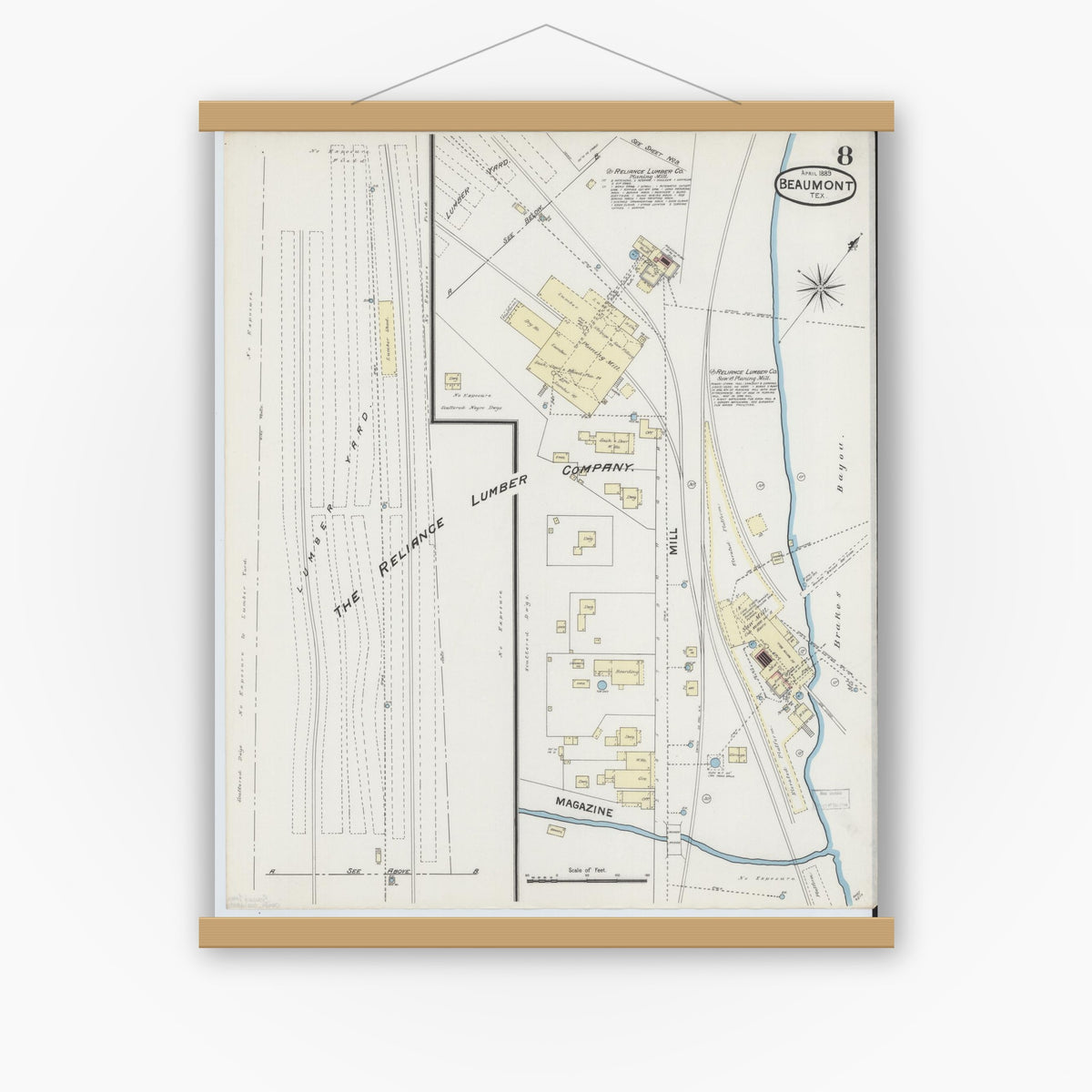 Old map wall art mockup — magnetic wood frame on white wall — Sanborn Fire Insurance Map from Beaumont, Jefferson County, Texas (1889), Sheet #0008