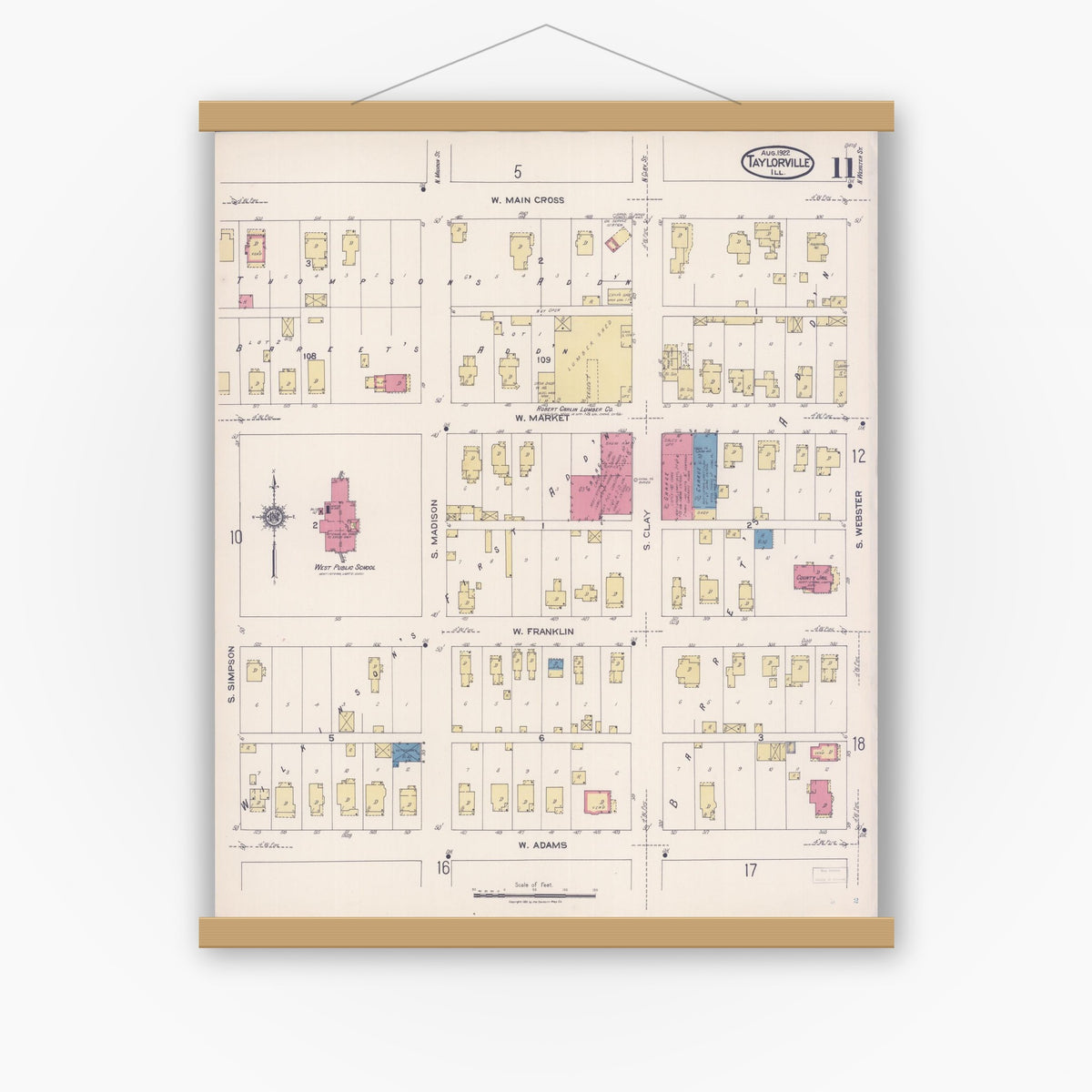 Old map wall art mockup — magnetic wood frame on white wall — Sanborn Fire Insurance Map from Taylorville, Christian County, Illinois (1922), Sheet #0011
