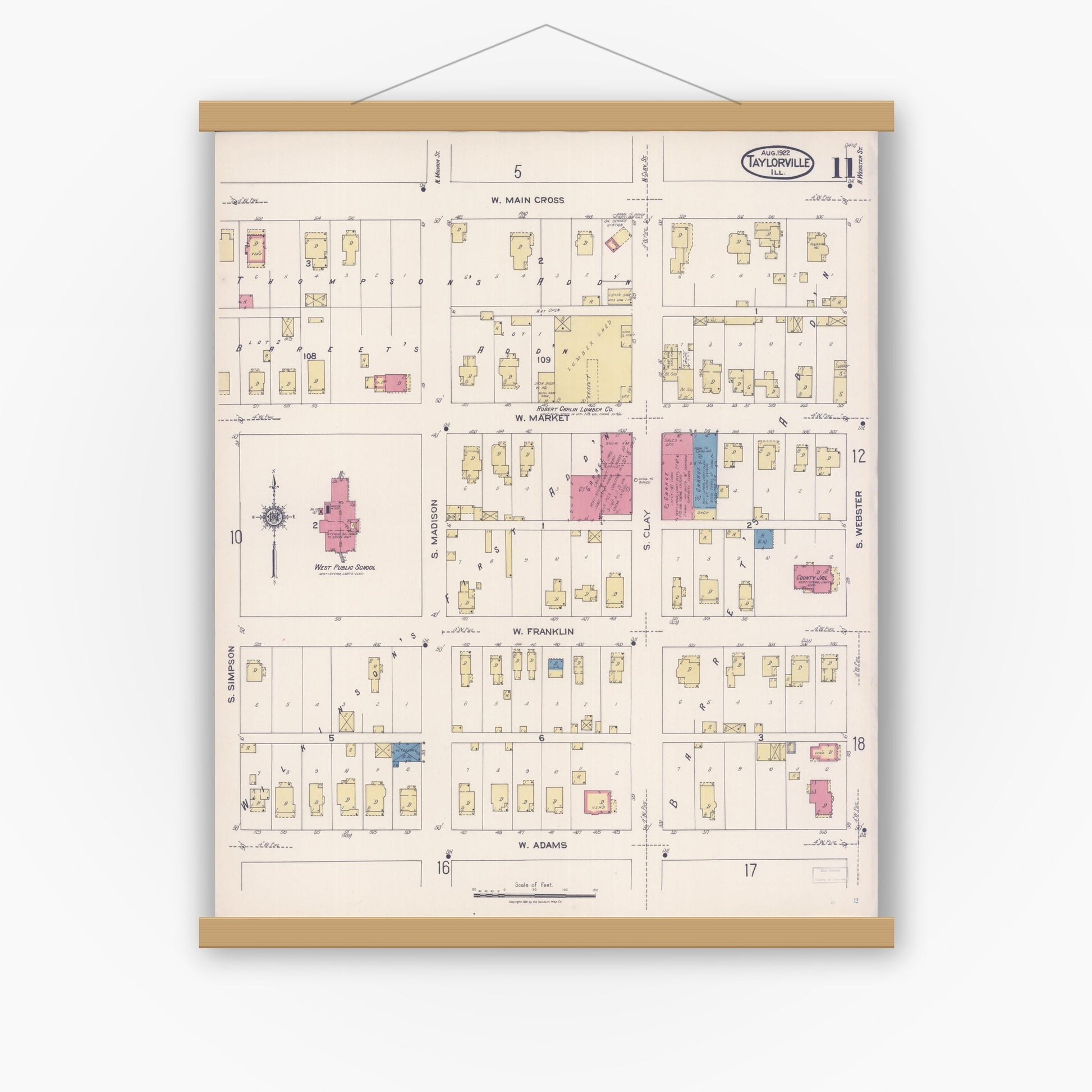 Old map wall art mockup — magnetic wood frame on white wall — Sanborn Fire Insurance Map from Taylorville, Christian County, Illinois (1922), Sheet #0011