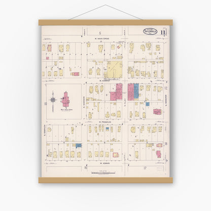 Old map wall art mockup — magnetic wood frame on white wall — Sanborn Fire Insurance Map from Taylorville, Christian County, Illinois (1922), Sheet #0011