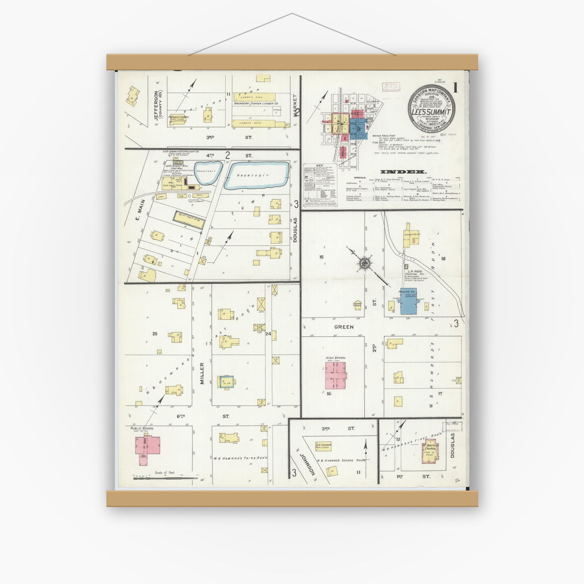 Old map wall art mockup — magnetic wood frame on white wall — Sanborn Fire Insurance Map from Lee's Summit, Jackson County, Missouri (1909) - Complete Map Set