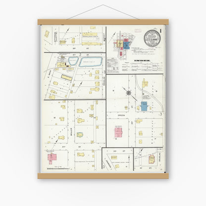 Old map wall art mockup — magnetic wood frame on white wall — Sanborn Fire Insurance Map from Lee's Summit, Jackson County, Missouri (1909) - Complete Map Set