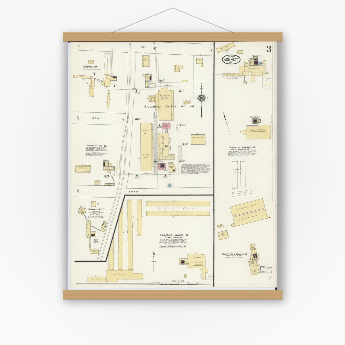 Old map wall art mockup — magnetic wood frame on white wall — Sanborn Fire Insurance Map from Kennett, Dunklin County, Missouri (1911), Sheet #0003