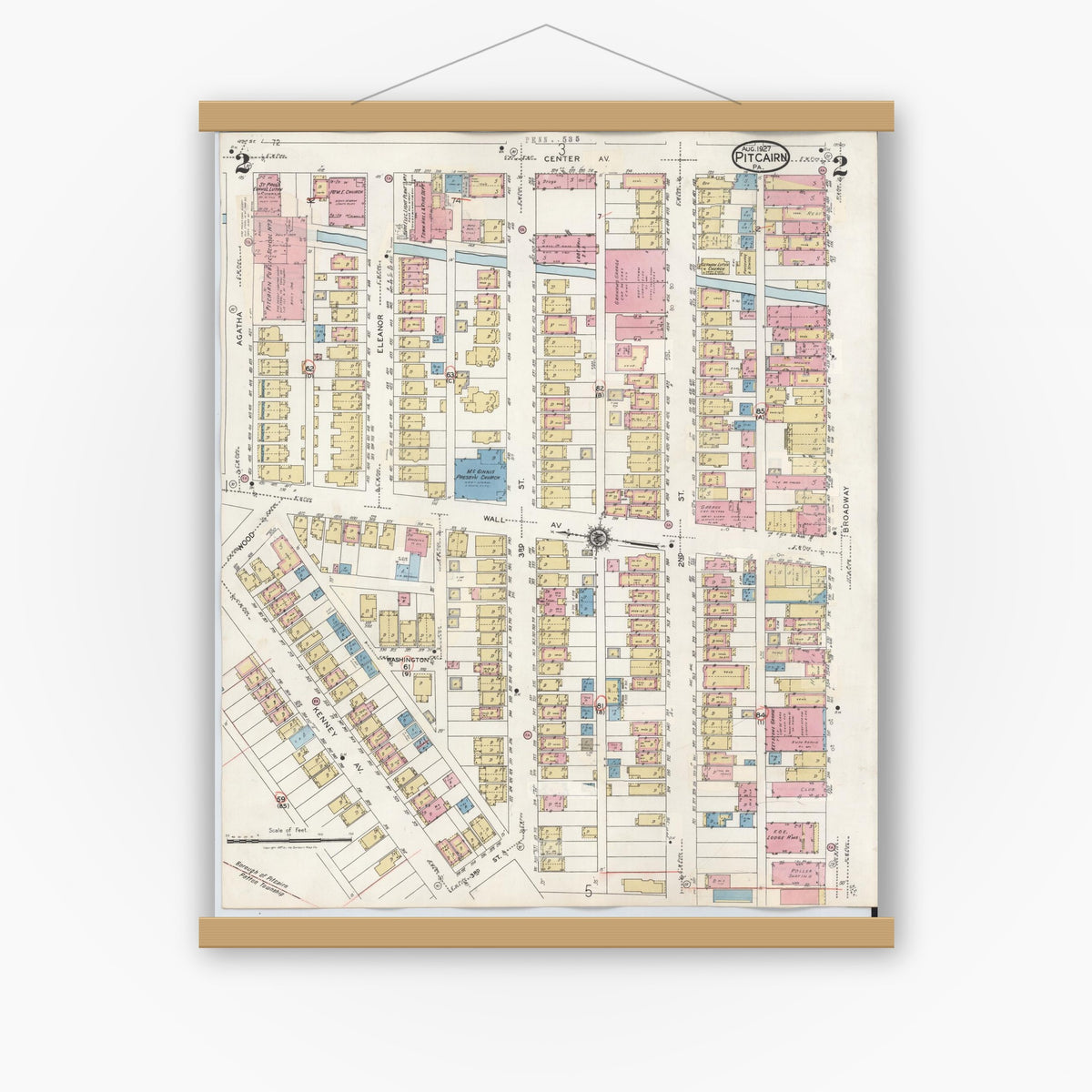 Old map wall art mockup — magnetic wood frame on white wall — Sanborn Fire Insurance Map from Pitcairn, Allegheny County, Pennsylvania (1948), Sheet #0002
