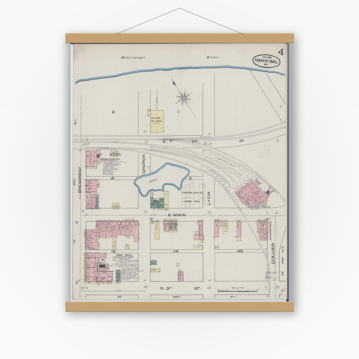 Old map wall art mockup — magnetic wood frame on white wall — Sanborn Fire Insurance Map from Hannibal, Marion County, Missouri (1885), Sheet #0004