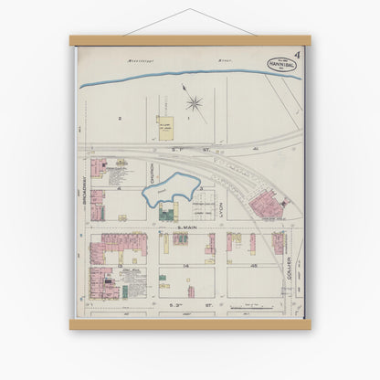 Old map wall art mockup — magnetic wood frame on white wall — Sanborn Fire Insurance Map from Hannibal, Marion County, Missouri (1885), Sheet #0004