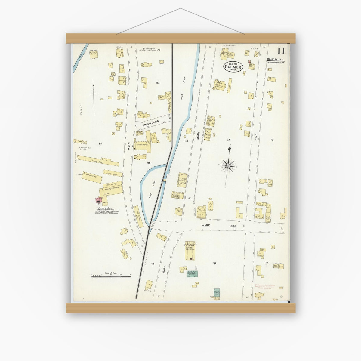 Old map wall art mockup — magnetic wood frame on white wall — Sanborn Fire Insurance Map from Palmer, Hampden County, Massachusetts (1906), Sheet #0011
