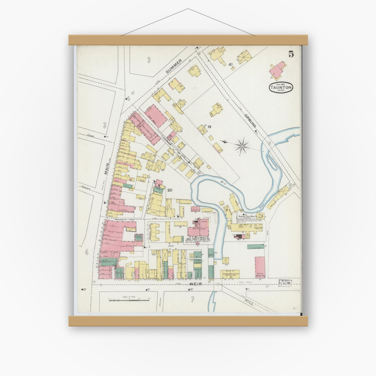 Old map wall art mockup — magnetic wood frame on white wall — Sanborn Fire Insurance Map from Taunton, Bristol County, Massachusetts (1893), Sheet #0005
