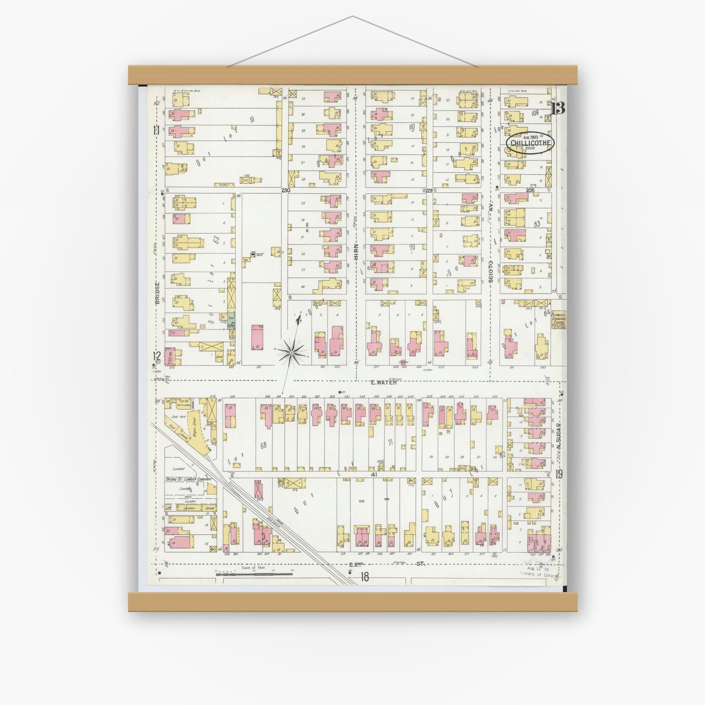 Old map wall art mockup — magnetic wood frame on white wall — Sanborn Fire Insurance Map from Chillicothe, Ross County, Ohio (1900), Sheet #0013