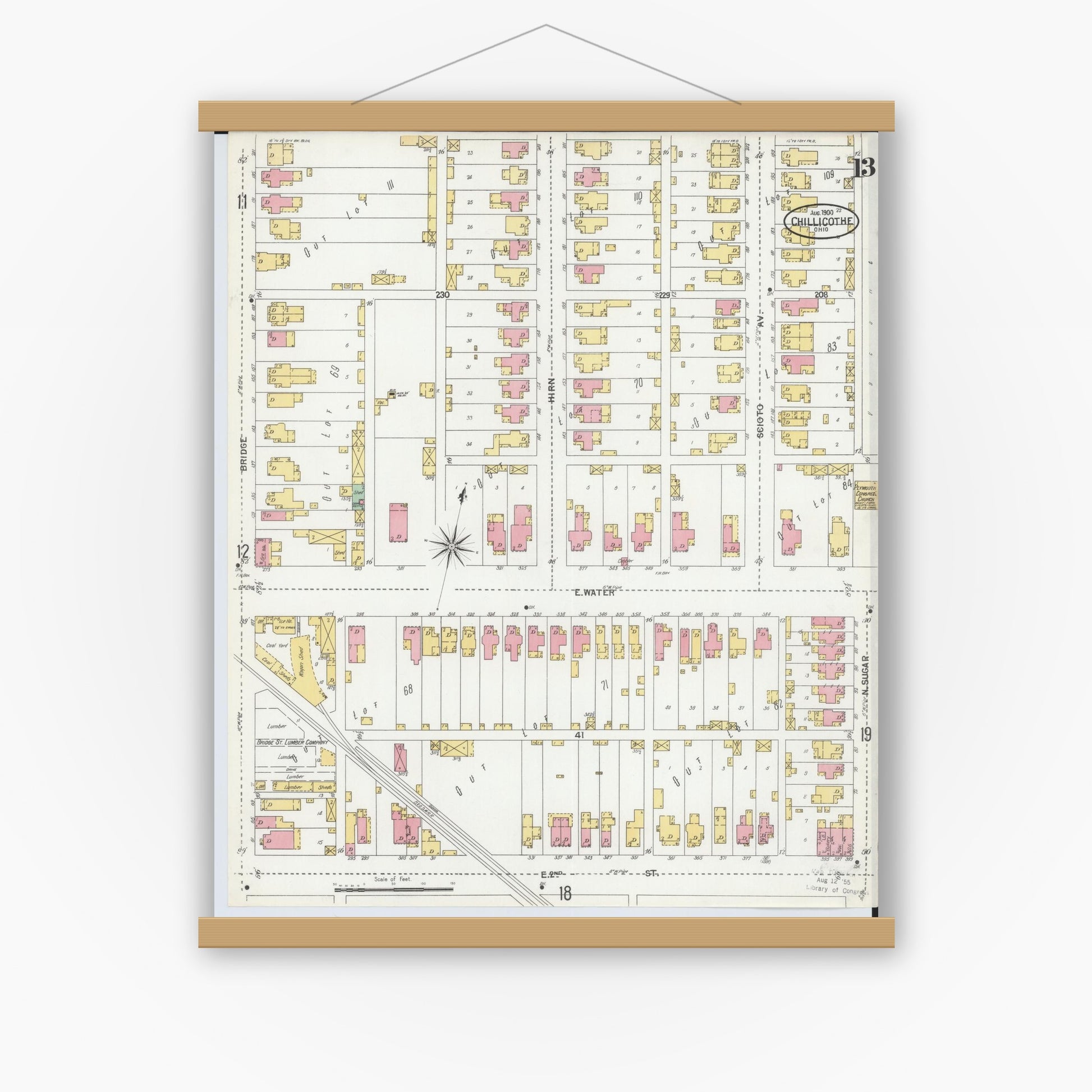 Old map wall art mockup — magnetic wood frame on white wall — Sanborn Fire Insurance Map from Chillicothe, Ross County, Ohio (1900), Sheet #0013