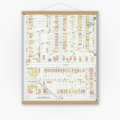 Old map wall art mockup — magnetic wood frame on white wall — Sanborn Fire Insurance Map from Chillicothe, Ross County, Ohio (1900), Sheet #0013