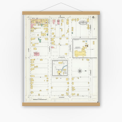 Old map wall art mockup — magnetic wood frame on white wall — Sanborn Fire Insurance Map from Ebensburg, Cambria County, Pennsylvania (1904), Sheet #0006