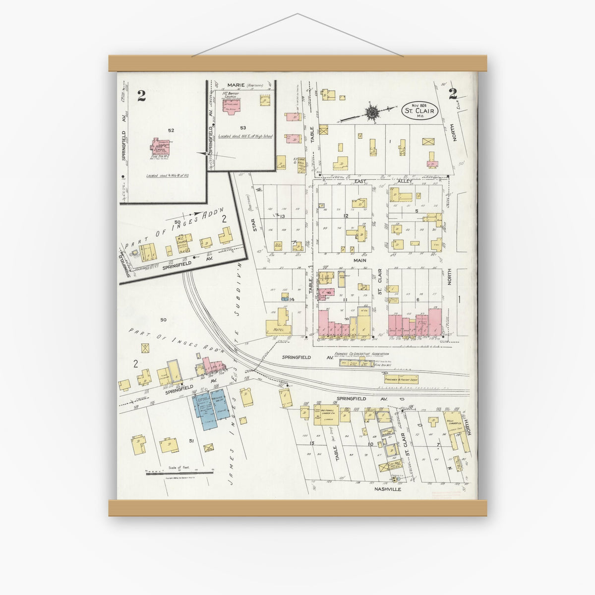 Old map wall art mockup — magnetic wood frame on white wall — Sanborn Fire Insurance Map from Saint Clair, Franklin County, Missouri (1924), Sheet #0002