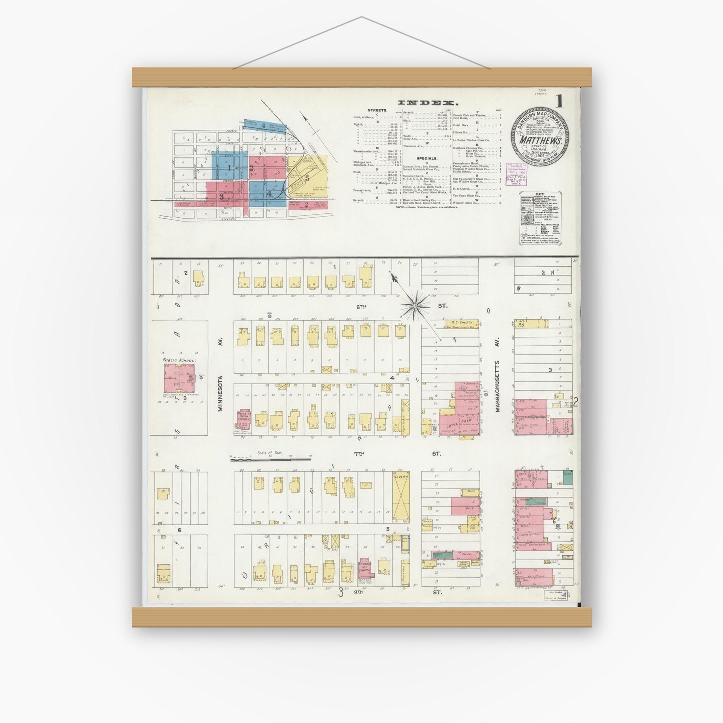 Old map wall art mockup — magnetic wood frame on white wall — Sanborn Fire Insurance Map from Matthews, Grant County, Indiana (1904) - Complete Map Set
