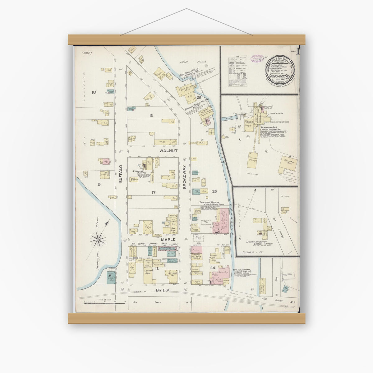 Old map wall art mockup — magnetic wood frame on white wall — Sanborn Fire Insurance Map from Sheboygan Falls, Sheboygan County, Wisconsin (1887), Sheet #0001