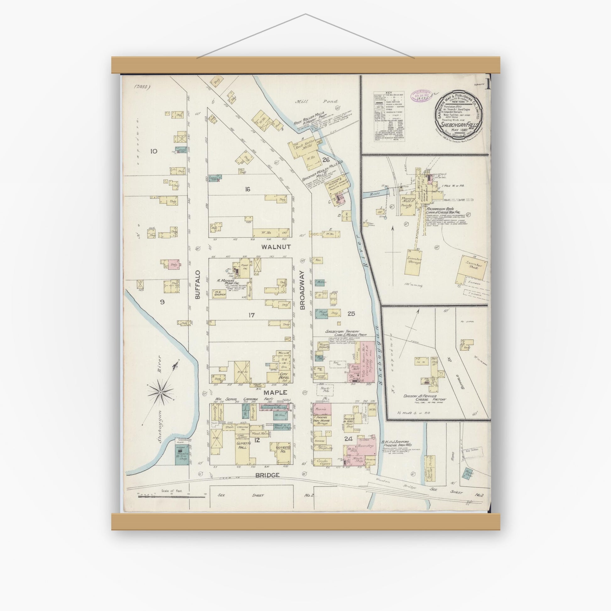 Old map wall art mockup — magnetic wood frame on white wall — Sanborn Fire Insurance Map from Sheboygan Falls, Sheboygan County, Wisconsin (1887), Sheet #0001