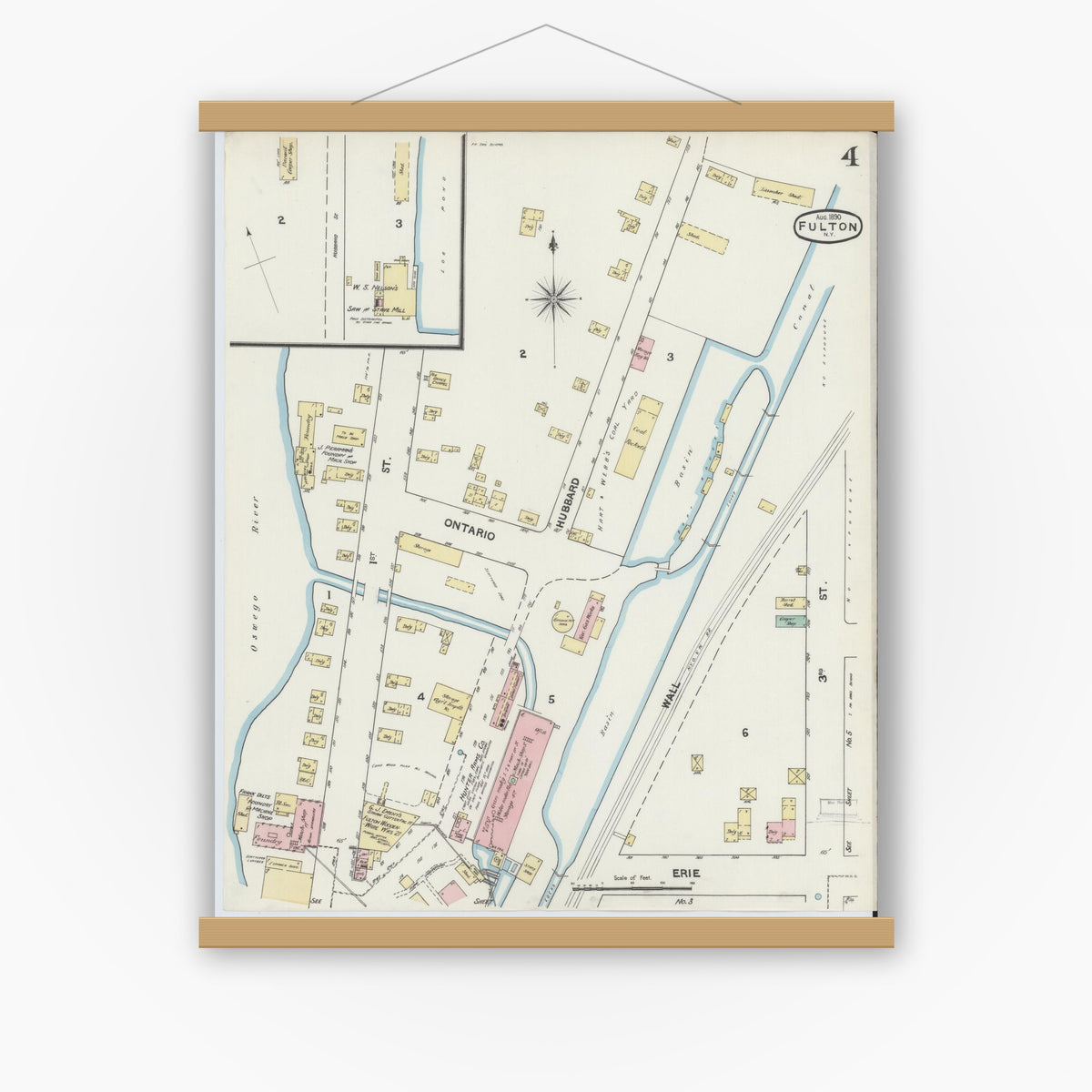 Old map wall art mockup — magnetic wood frame on white wall — Sanborn Fire Insurance Map from Fulton, Oswego County, New York (1890), Sheet #0004