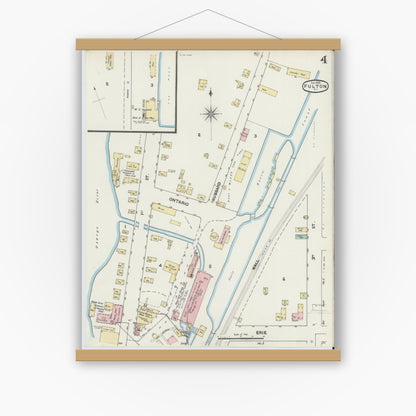 Old map wall art mockup — magnetic wood frame on white wall — Sanborn Fire Insurance Map from Fulton, Oswego County, New York (1890), Sheet #0004