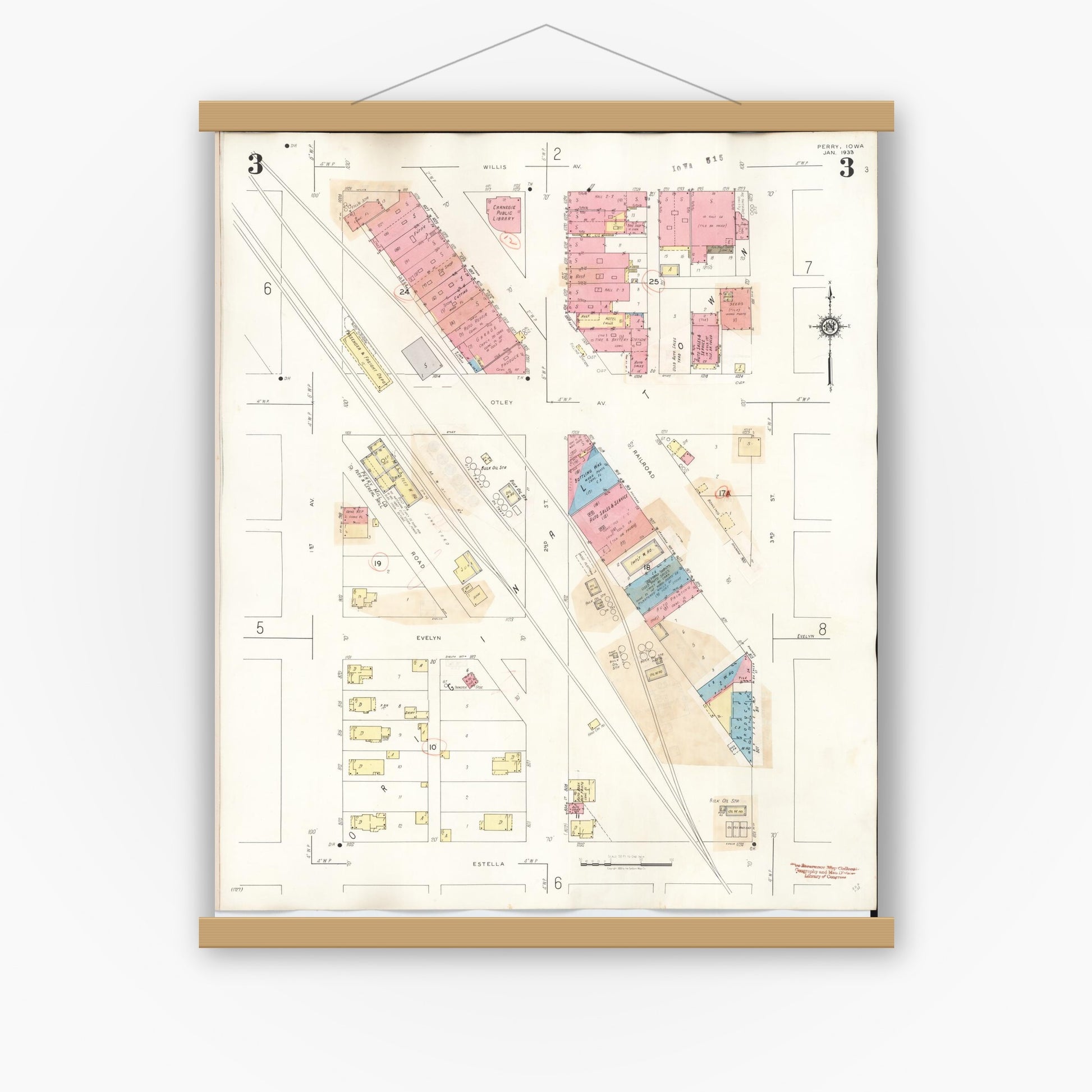 Old map wall art mockup — magnetic wood frame on white wall — Sanborn Fire Insurance Map from Perry, Dallas County, Iowa (1947), Sheet #0003