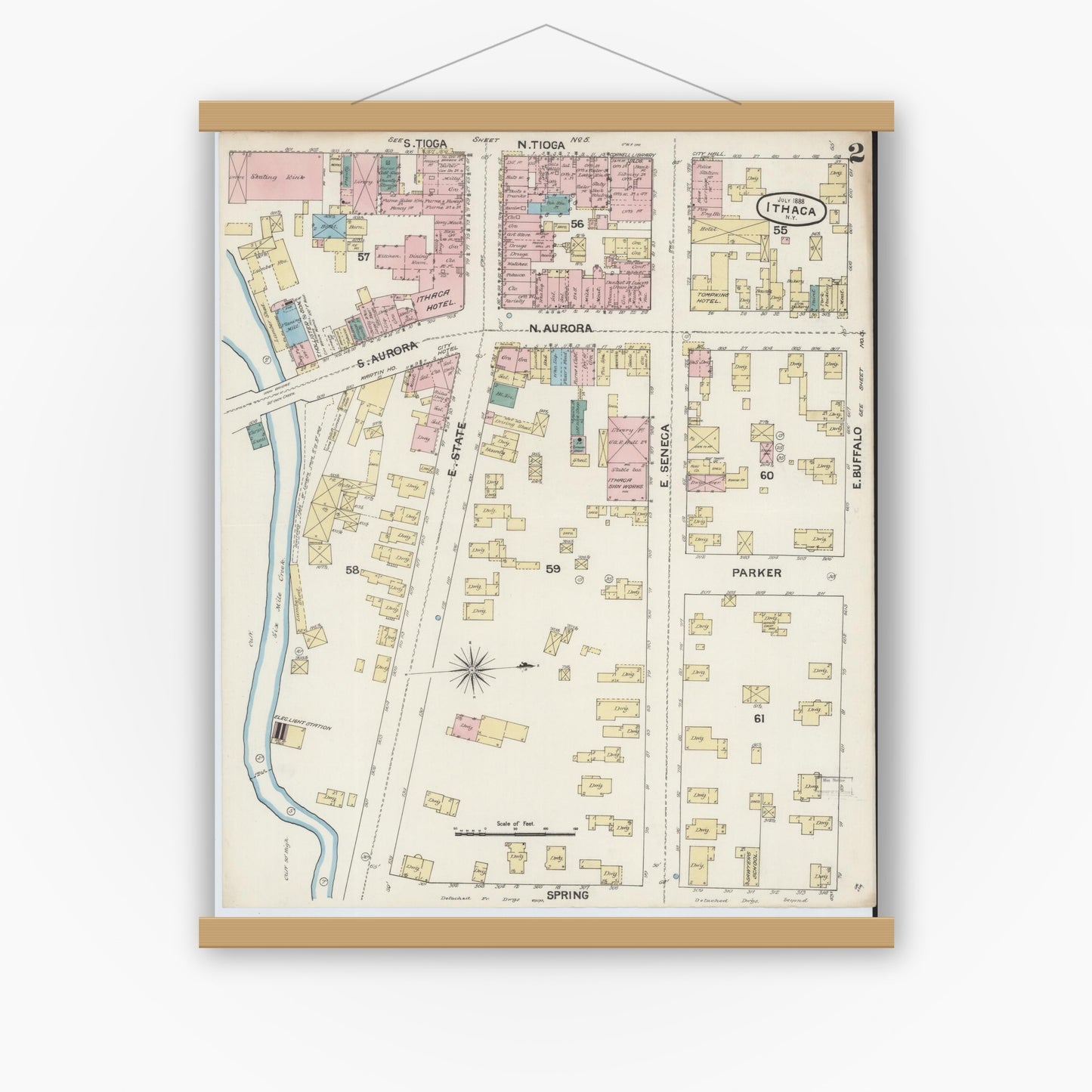 Old map wall art mockup — magnetic wood frame on white wall — Sanborn Fire Insurance Map from Ithaca, Tompkins County, New York (1888), Sheet #0002