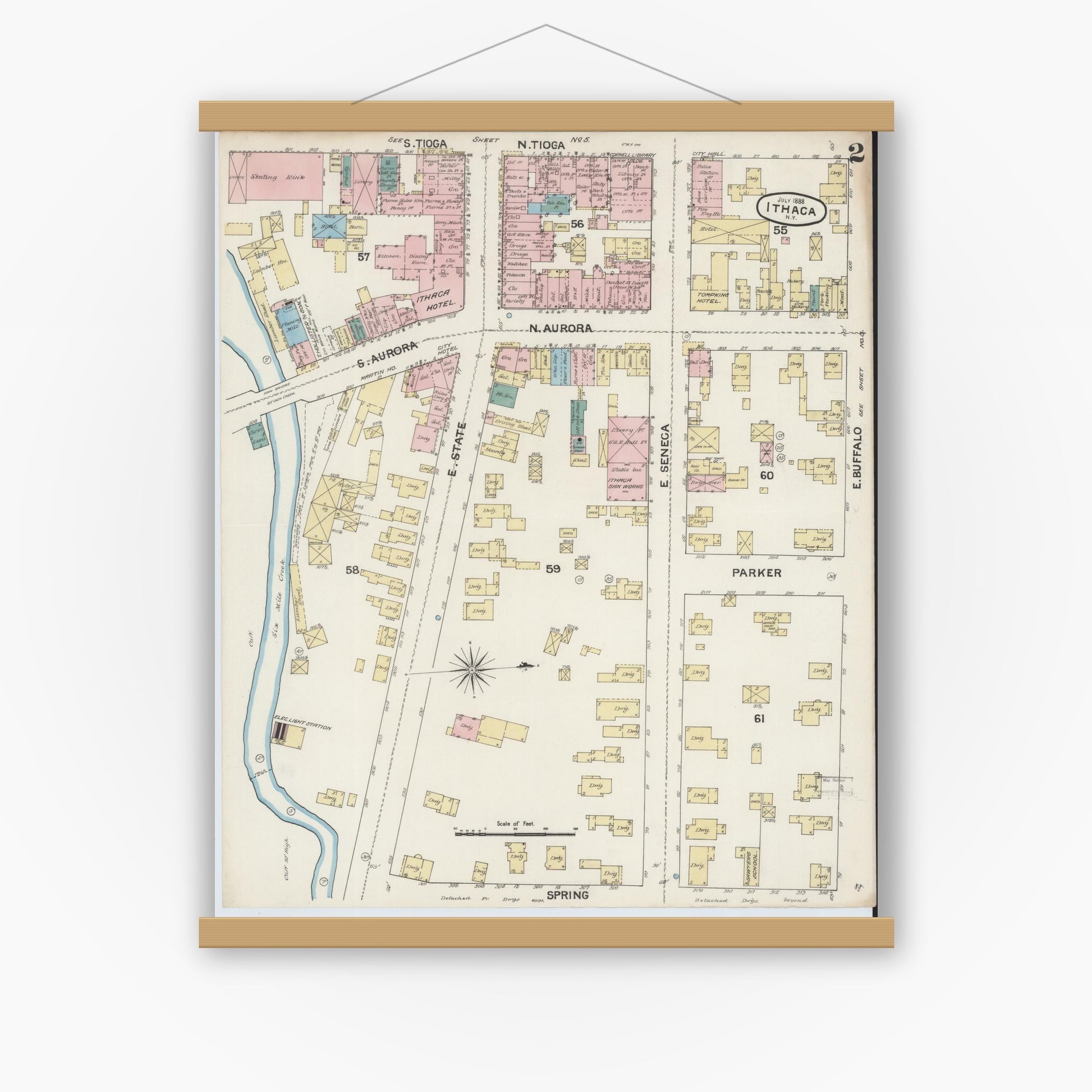 Old map wall art mockup — magnetic wood frame on white wall — Sanborn Fire Insurance Map from Ithaca, Tompkins County, New York (1888), Sheet #0002