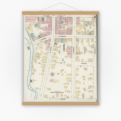 Old map wall art mockup — magnetic wood frame on white wall — Sanborn Fire Insurance Map from Ithaca, Tompkins County, New York (1888), Sheet #0002