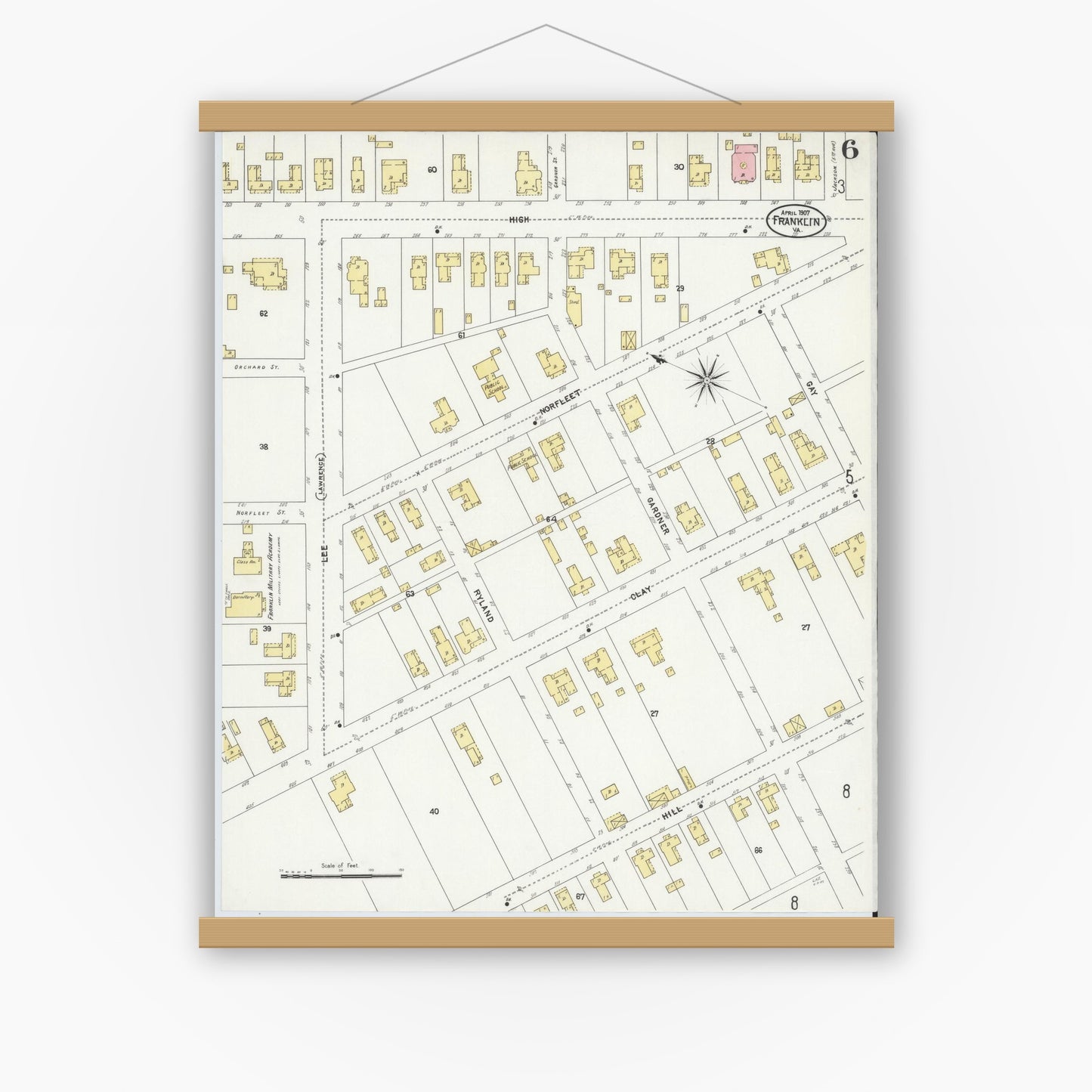 Old map wall art mockup — magnetic wood frame on white wall — Sanborn Fire Insurance Map from Franklin, Independent Cities, Virginia (1907), Sheet #0006