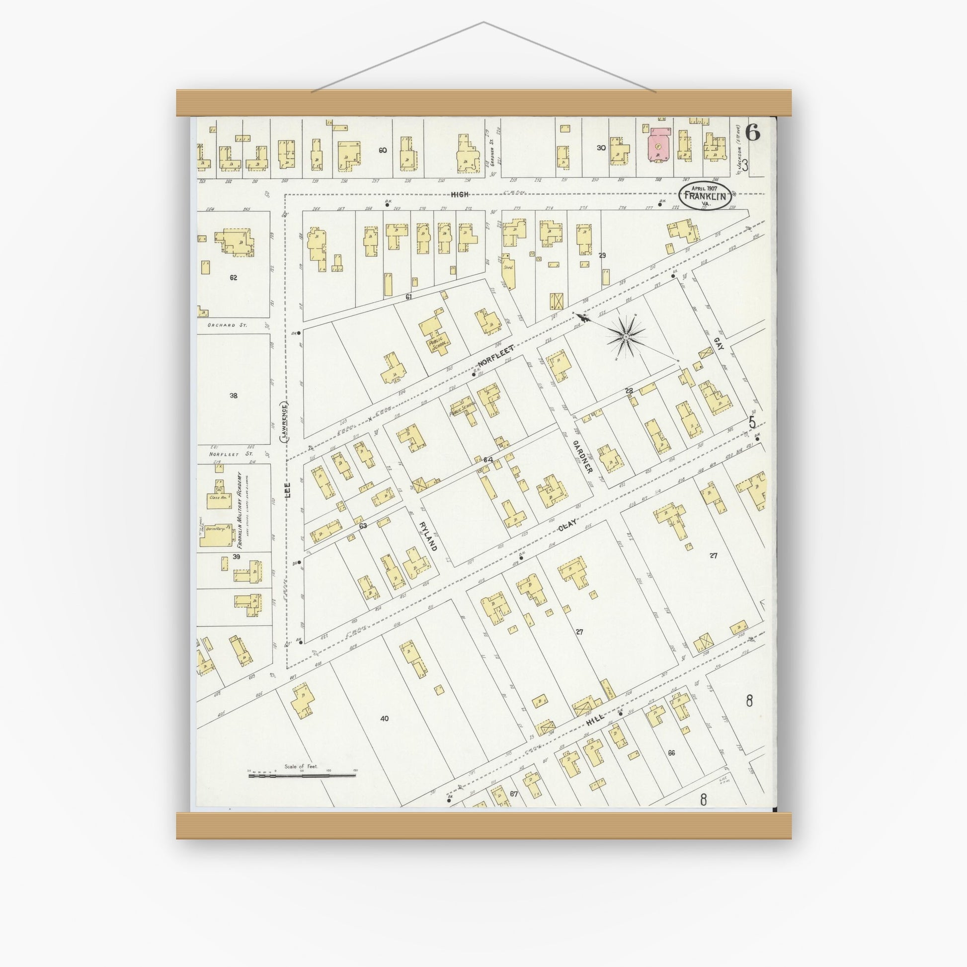 Old map wall art mockup — magnetic wood frame on white wall — Sanborn Fire Insurance Map from Franklin, Independent Cities, Virginia (1907), Sheet #0006