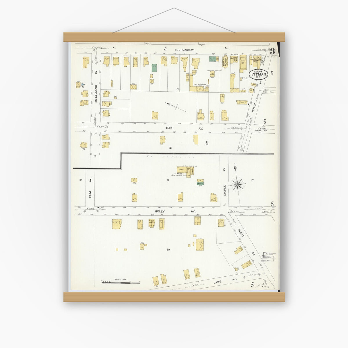 Old map wall art mockup — magnetic wood frame on white wall — Sanborn Fire Insurance Map from Pitman, Gloucester County, New Jersey (1908), Sheet #0003