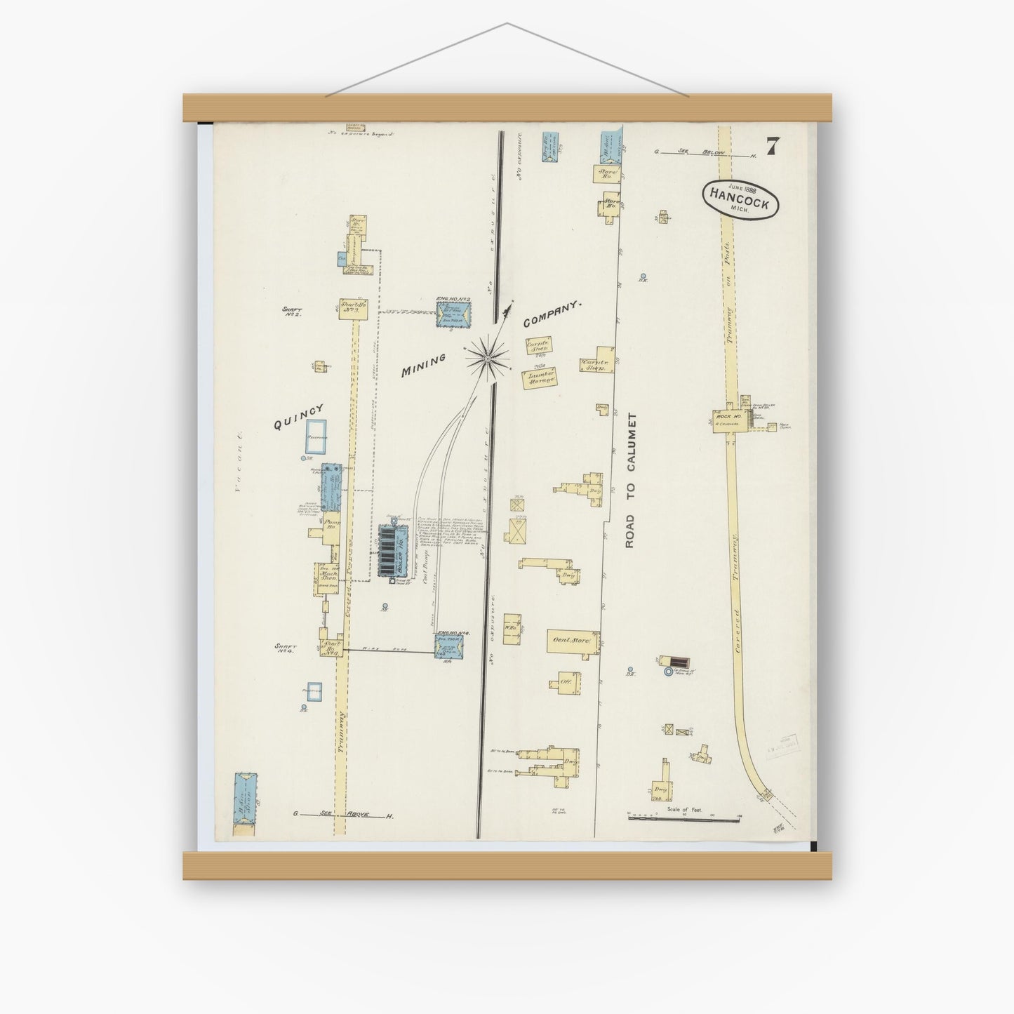 Old map wall art mockup — magnetic wood frame on white wall — Sanborn Fire Insurance Map from Houghton, Houghton County, Michigan (1888), Sheet #0007