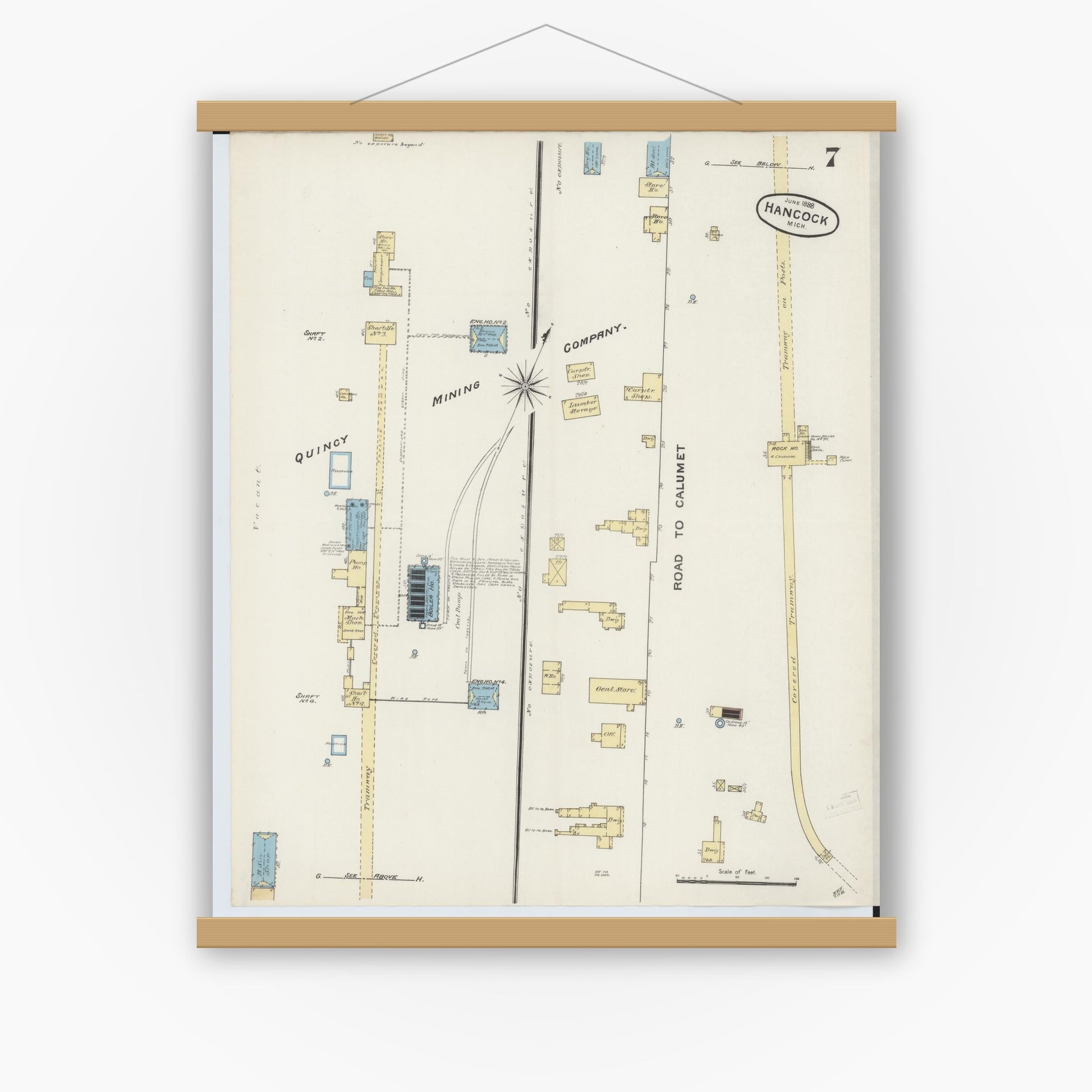 Old map wall art mockup — magnetic wood frame on white wall — Sanborn Fire Insurance Map from Houghton, Houghton County, Michigan (1888), Sheet #0007