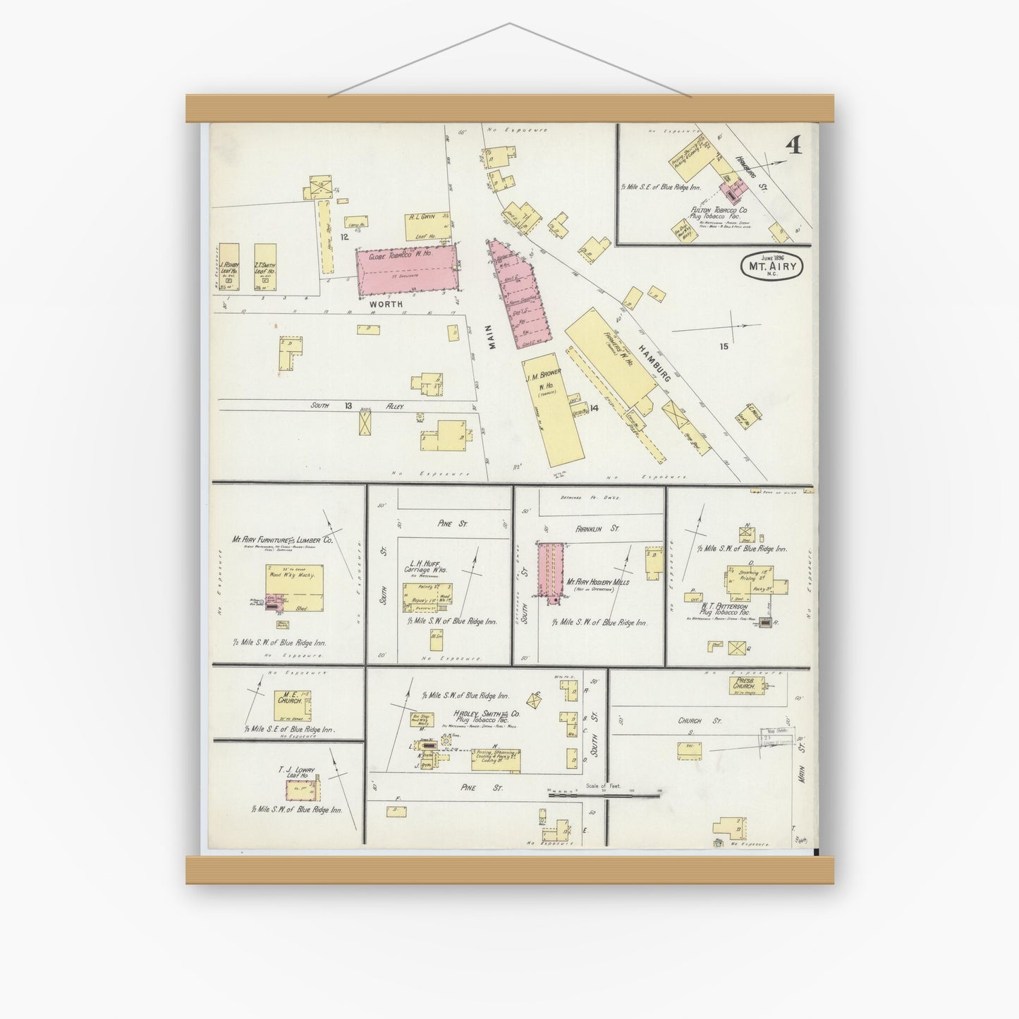 Old map wall art mockup — magnetic wood frame on white wall — Sanborn Fire Insurance Map from Mount Airy, Surry County, North Carolina (1896), Sheet #0004