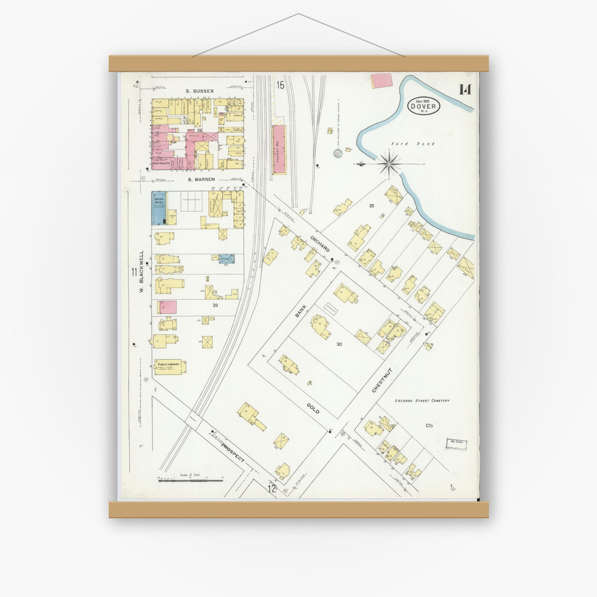Old map wall art mockup — magnetic wood frame on white wall — Sanborn Fire Insurance Map from Dover, Morris County, New Jersey (1909), Sheet #0014