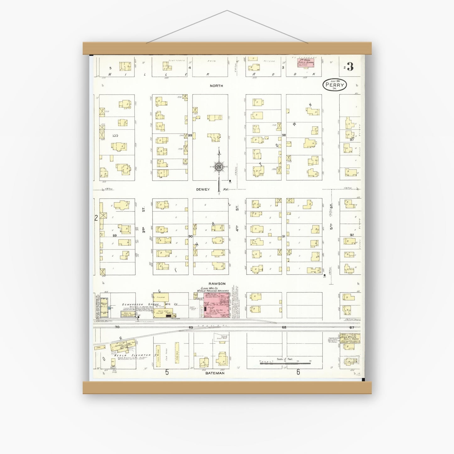 Old map wall art mockup — magnetic wood frame on white wall — Sanborn Fire Insurance Map from Perry, Dallas County, Iowa (1911), Sheet #0003