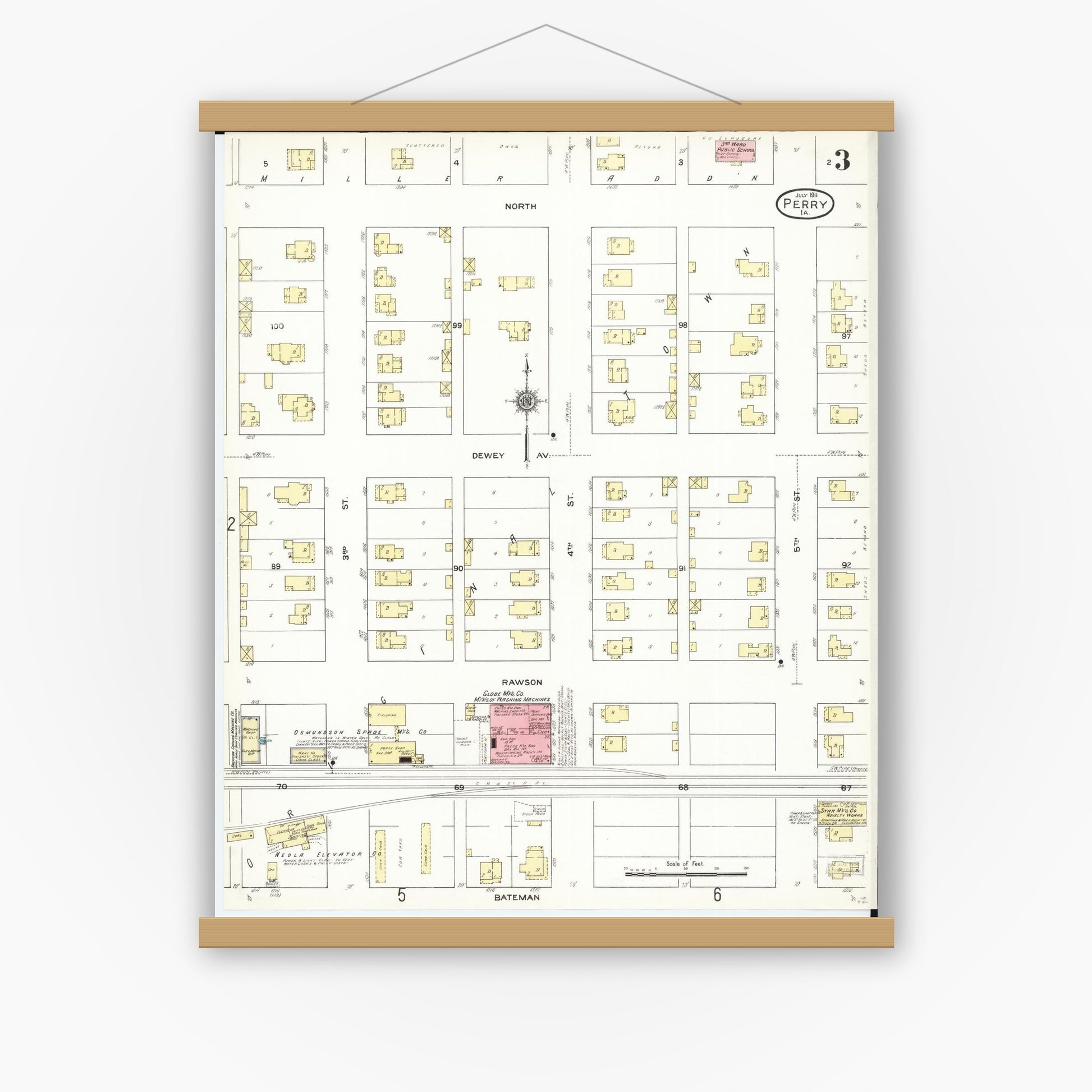 Old map wall art mockup — magnetic wood frame on white wall — Sanborn Fire Insurance Map from Perry, Dallas County, Iowa (1911), Sheet #0003