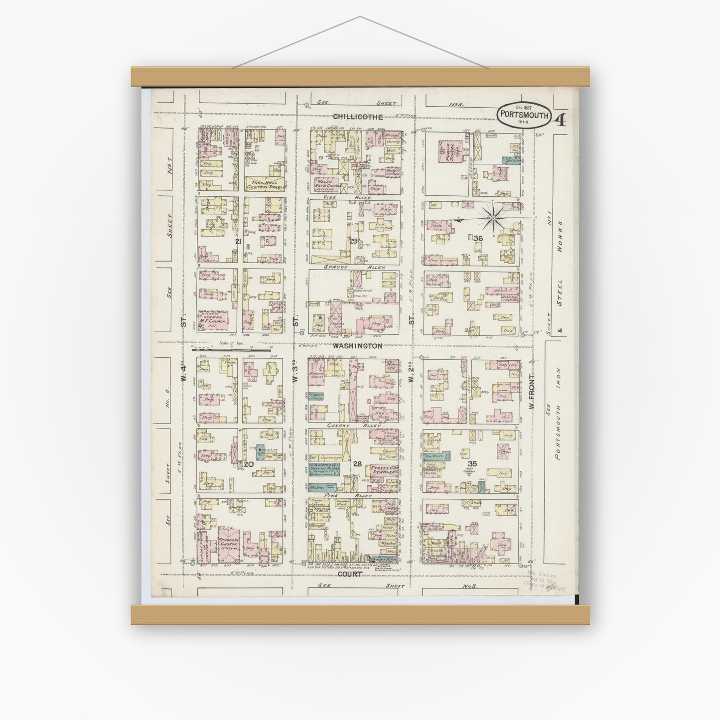 Old map wall art mockup — magnetic wood frame on white wall — Sanborn Fire Insurance Map from Portsmouth, Scioto County, Ohio (1887), Sheet #0004