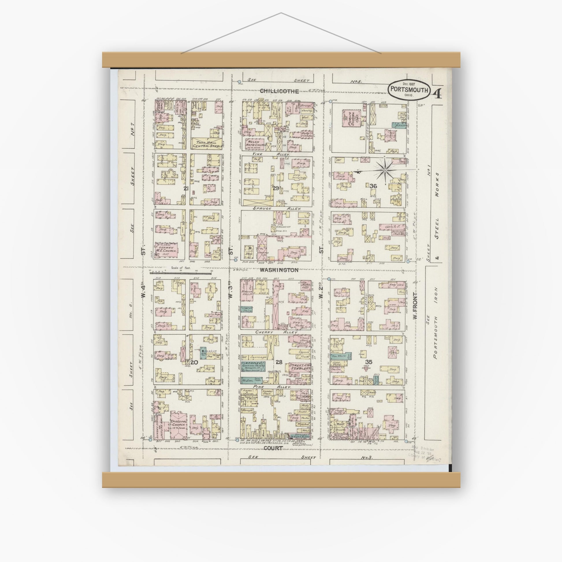 Old map wall art mockup — magnetic wood frame on white wall — Sanborn Fire Insurance Map from Portsmouth, Scioto County, Ohio (1887), Sheet #0004