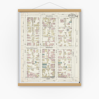 Old map wall art mockup — magnetic wood frame on white wall — Sanborn Fire Insurance Map from Portsmouth, Scioto County, Ohio (1887), Sheet #0004