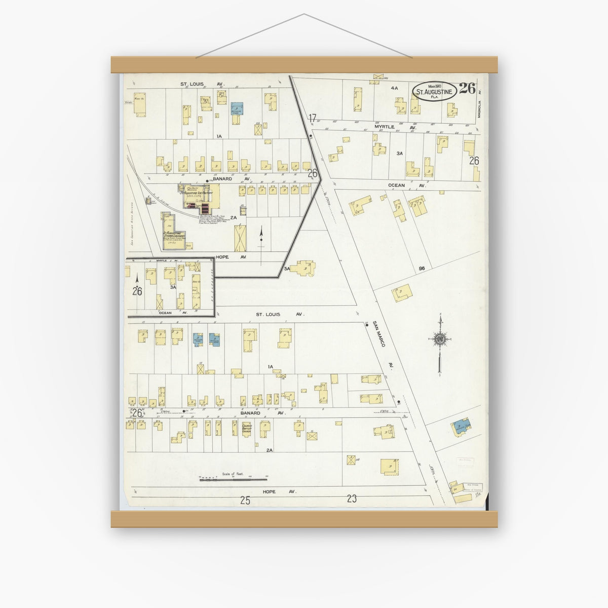 Old map wall art mockup — magnetic wood frame on white wall — Sanborn Fire Insurance Map from Saint Augustine, Saint John's County, Florida (1910), Sheet #0026