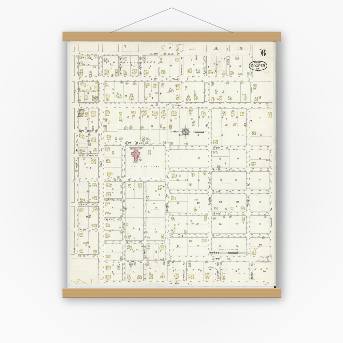 Old map wall art mockup — magnetic wood frame on white wall — Sanborn Fire Insurance Map from Cooper, Delta County, Texas (1914), Sheet #0006