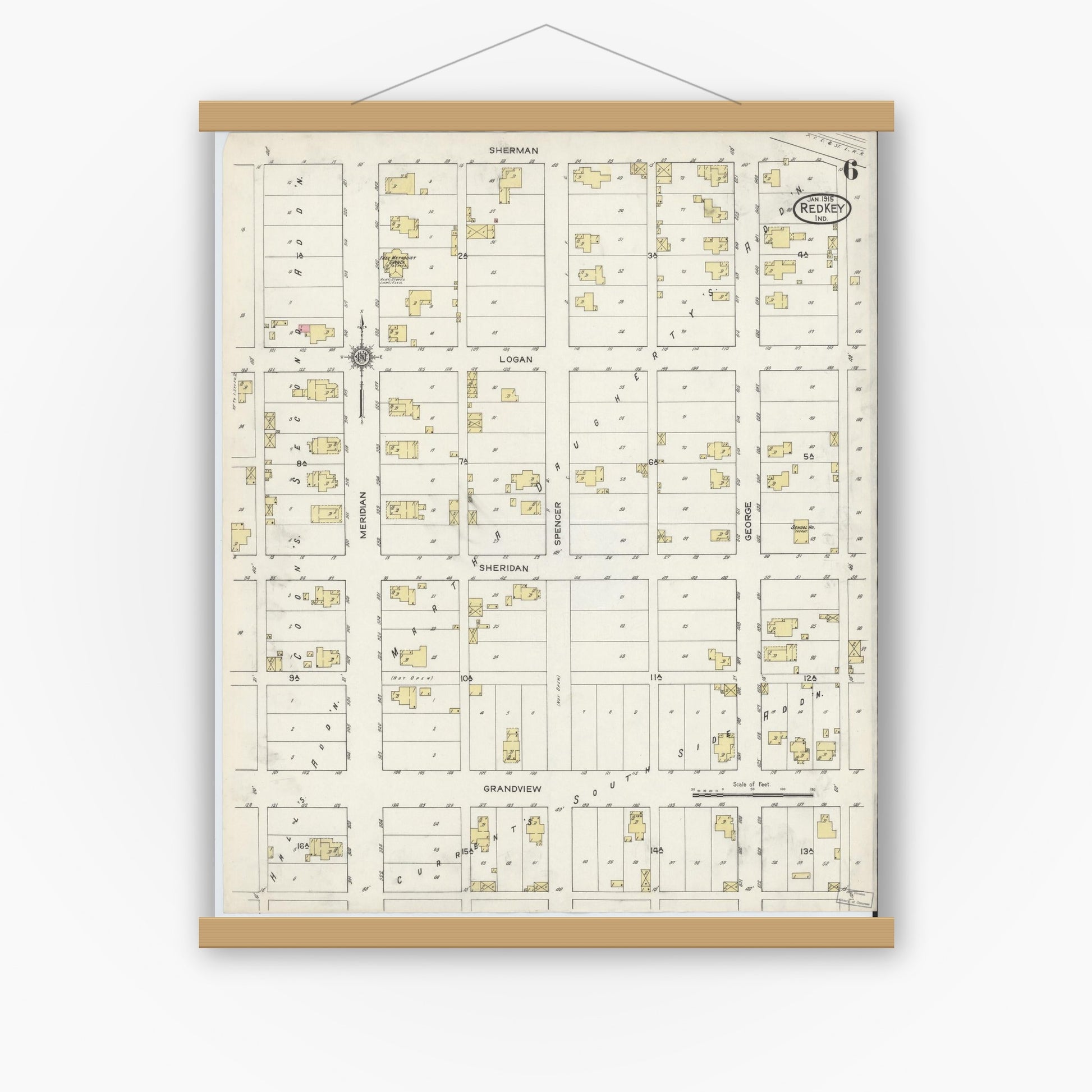 Old map wall art mockup — magnetic wood frame on white wall — Sanborn Fire Insurance Map from Redkey, Jay County, Indiana (1915), Sheet #0006