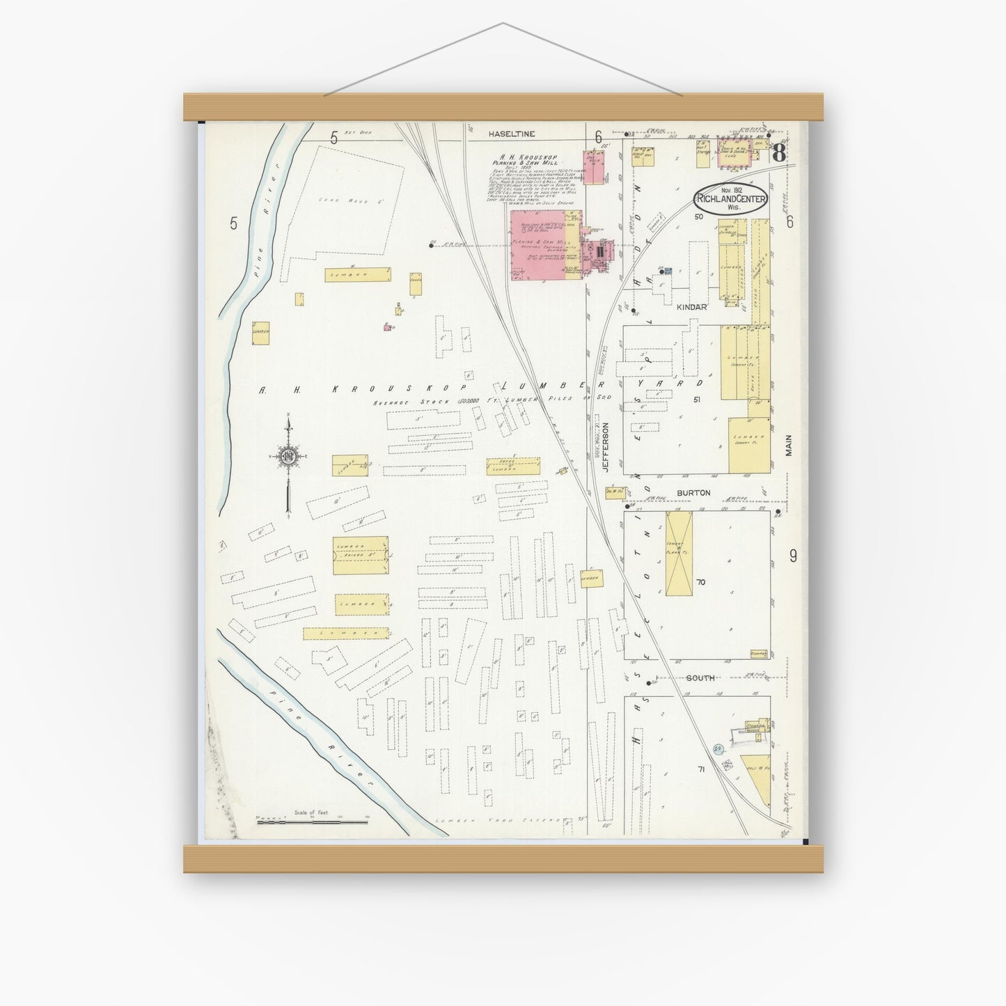 Old map wall art mockup — magnetic wood frame on white wall — Sanborn Fire Insurance Map from Richland Center, Richland County, Wisconsin (1912), Sheet #0008