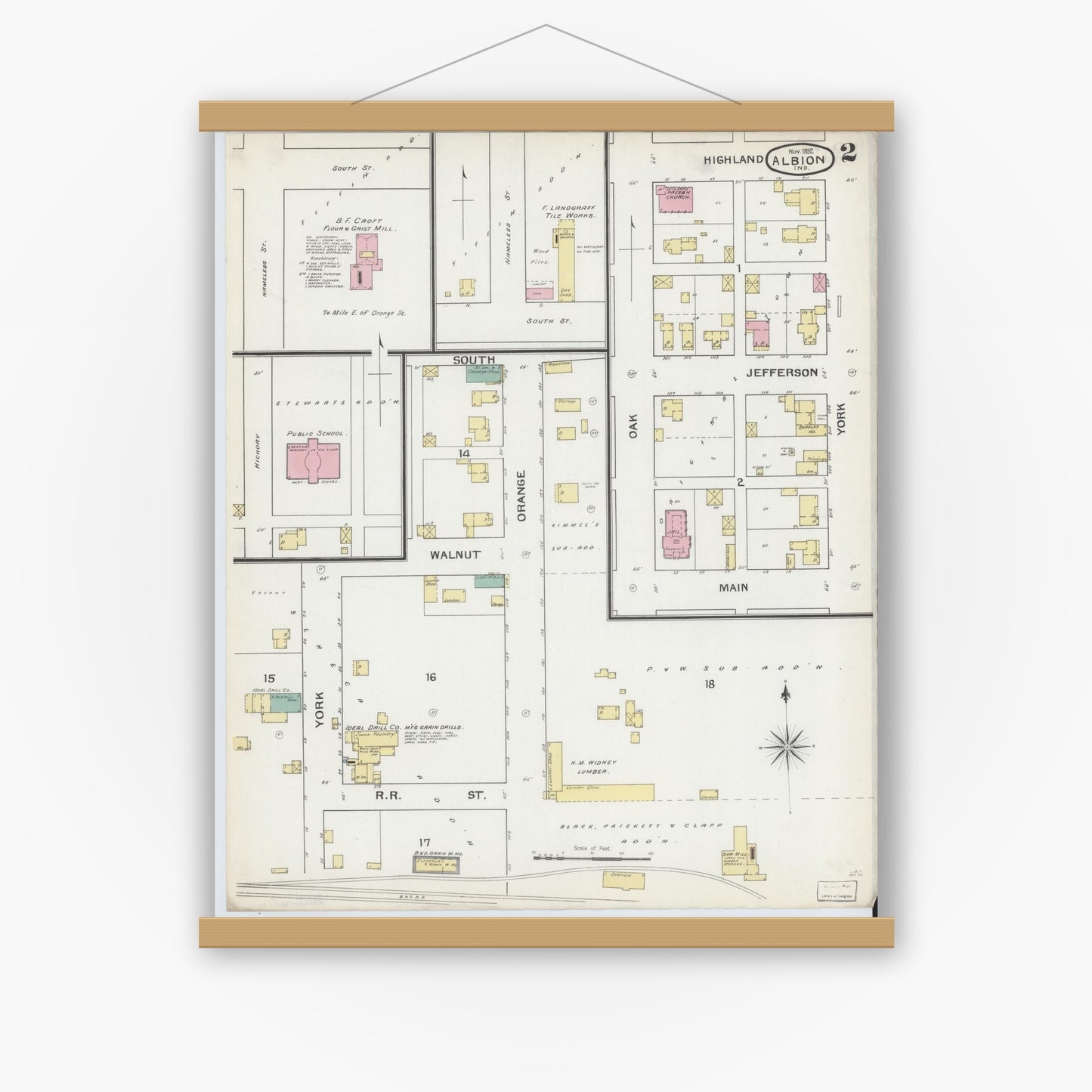 Old map wall art mockup — magnetic wood frame on white wall — Sanborn Fire Insurance Map from Albion, Noble County, Indiana (1892), Sheet #0002