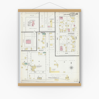 Old map wall art mockup — magnetic wood frame on white wall — Sanborn Fire Insurance Map from Albion, Noble County, Indiana (1892), Sheet #0002