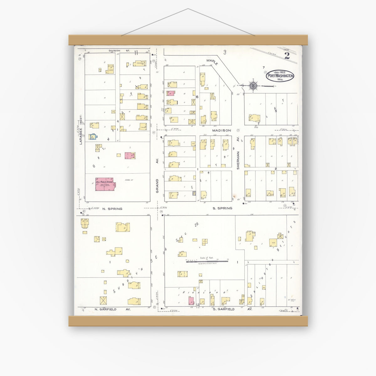 Old map wall art mockup — magnetic wood frame on white wall — Sanborn Fire Insurance Map from Port Washington, Ozaukee County, Wisconsin (1922), Sheet #0002