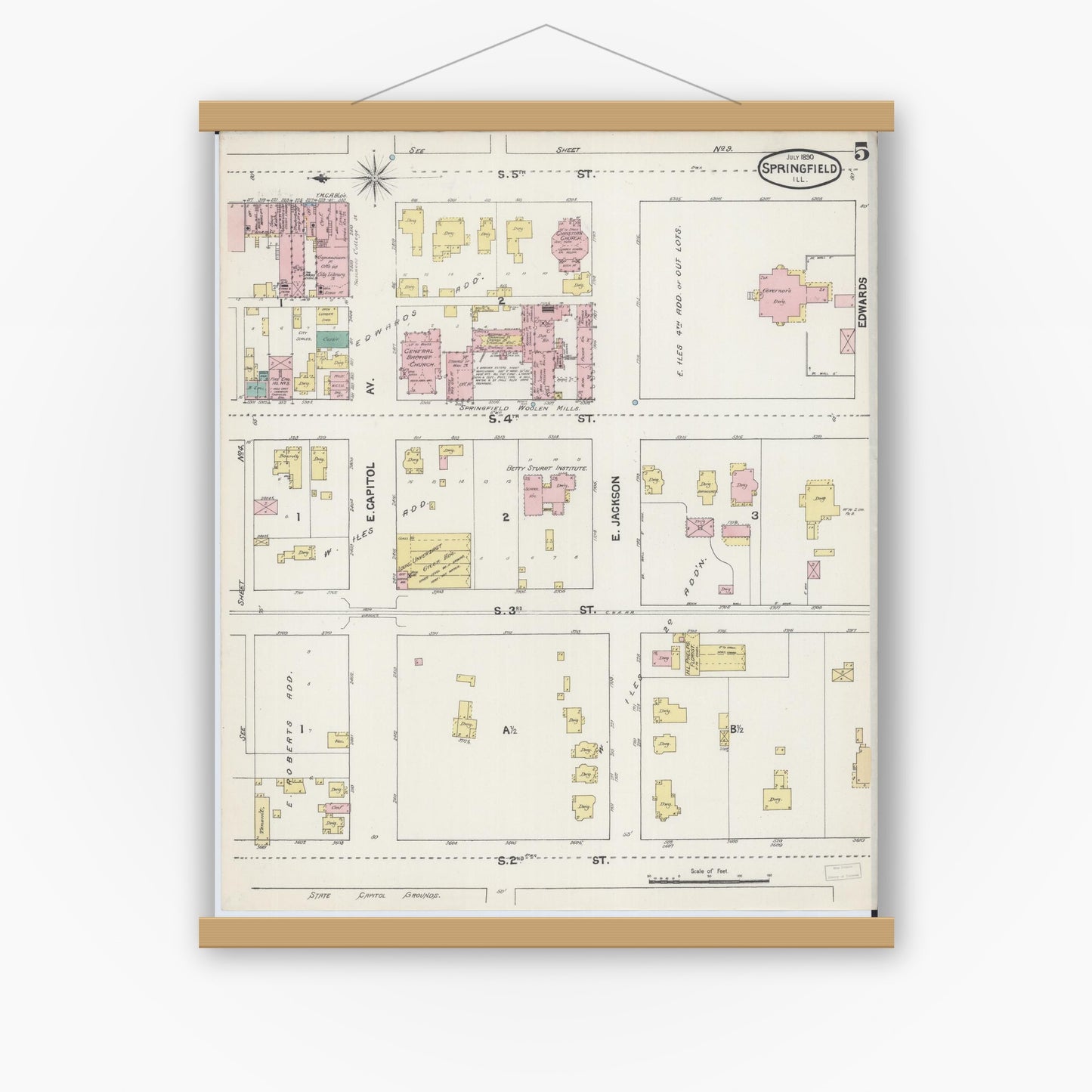 Old map wall art mockup — magnetic wood frame on white wall — Sanborn Fire Insurance Map from Springfield, Sangamon County, Illinois (1890), Sheet #0005