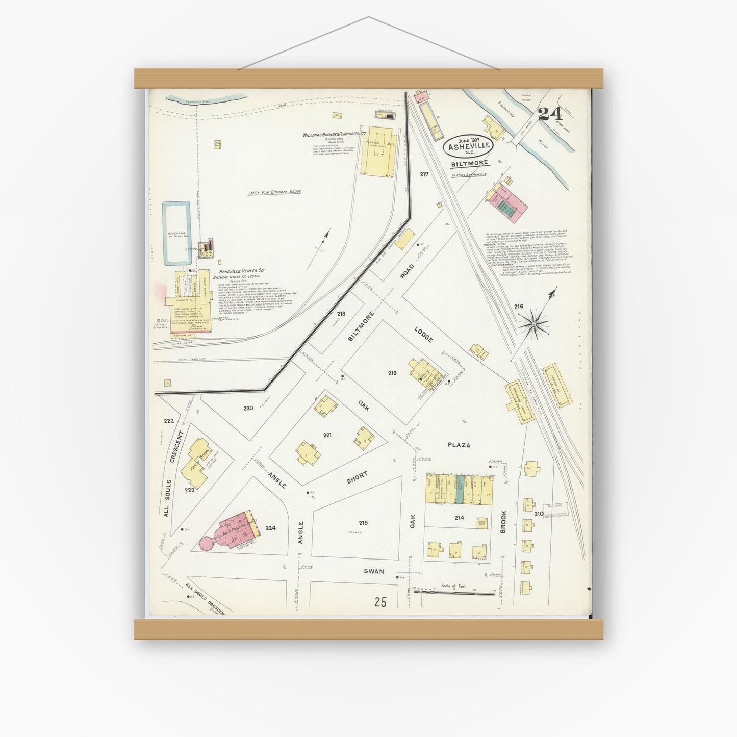 Old map wall art mockup — magnetic wood frame on white wall — Sanborn Fire Insurance Map from Asheville, Buncombe County, North Carolina (1907), Sheet #0024