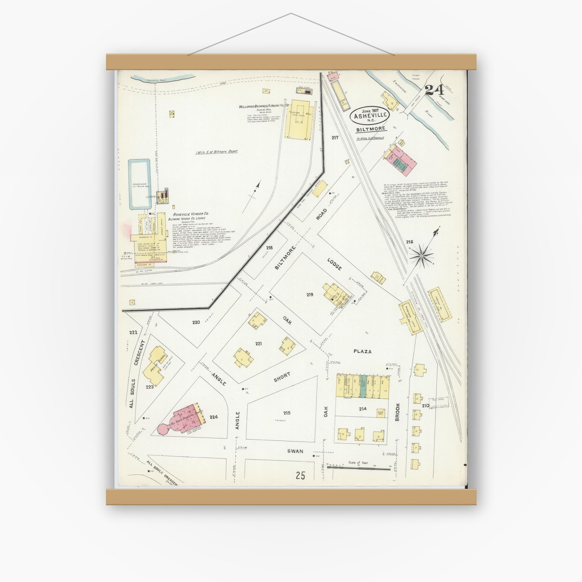 Old map wall art mockup — magnetic wood frame on white wall — Sanborn Fire Insurance Map from Asheville, Buncombe County, North Carolina (1907), Sheet #0024