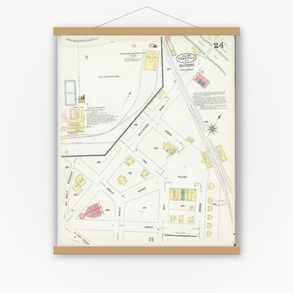 Old map wall art mockup — magnetic wood frame on white wall — Sanborn Fire Insurance Map from Asheville, Buncombe County, North Carolina (1907), Sheet #0024