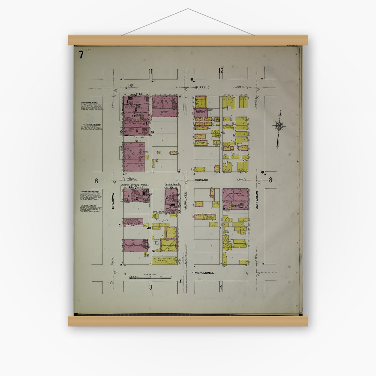 Old map wall art mockup — magnetic wood frame on white wall — Sanborn Fire Insurance Map from Milwaukee, Milwaukee County, Wisconsin (1910), Sheet #0007